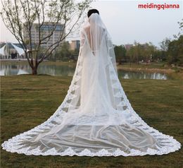 Hot Best Selling Real picture Elegant Lace Applique Edge White Ivory Champagne Cathedral Length One Layer Wedding Veil Alloy comb