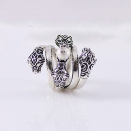 S925 Silver Four Snake Head Ring Retro Coil Wrap Paint Four Snake Head Double Wrap Ring Sterling Silver Inlaid Stone Ring