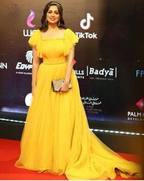 2020 Best Selling Evening Dress Yellow Chiffon Square Neck Pleated Short Sleeve Floor Length Tulle Prom Dresses