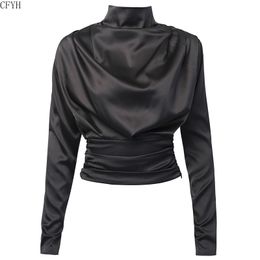 Pink Stand Collar Long Sleeve Soft Satin Blouse Women Cropped Fashion Elegant Hollow Out Back Slim Waist Ruched Blouse