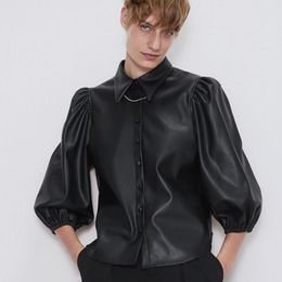 RR Fluffy Sleeve Blouses Fashion Faux Leather Turn Down Collar Shirts Women Elegant Buttons Tops Female Ladies HP