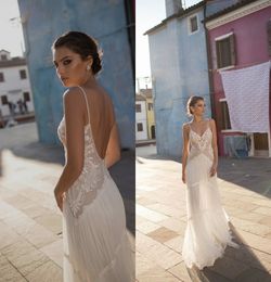 Simple A Line Galikarten Wedding Dresses Spaghetti Sleeveless Tulle Lace Applique Backlesss Wedding Gowns Floor Length robe de mariée