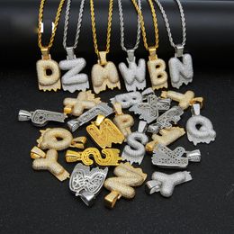 Hip Hop Bubble Drip Initials Letters Necklace Bling Cubic Zircon CZ Drop Alphabet Pendant Twisted Rope chain For Men Women Jewellery Gift