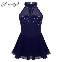 Kids Teens Sleeveless Halter Sparkly Rhinestones Mesh Splice Figure Skating Dress Girls Ballet Gymnastics Leotard Dance Wear