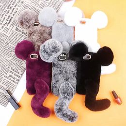 Custodie in pelliccia di mouse 3D per iPhone 15 14 Max 13 Pro 12 11 XR XS X 8 7 6 Custodia Iphone15 Cover soffice Cover morbida TPU Coniglio Capelli genuini Peluche Carino Coda adorabile Moda