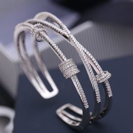 Personalized White Gold Iced Out CZ Cubic Zirconia 3 Layers Cross Hollowed Open Cuff Bangle Bracelet Womens Wedding Engagement Jewerly