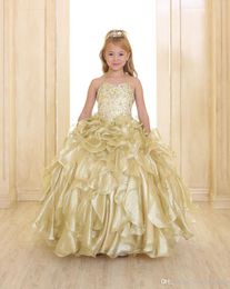 2020 Sparkling Girls Pageant Dresses Gold Princess Spaghetti Strap Crystal Beads Ruffles Organza Ball Gown Flower Girls Dresses Wi242p