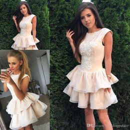 Cheap Elegant Short A Line Homecoming Dresses Scoop Neck Lace Appliques Tulle Tiered Ruffles Prom Party Gowns Vestidos De Novia