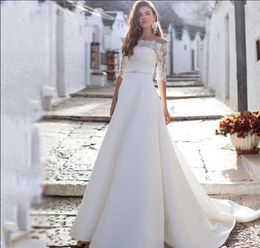 2019 Off Shoulder Romantic Lace Wedding Dresses with Half Sleeves Two Pieces A-line Beaded Sash Garden robes de mariée Bridal Gowns