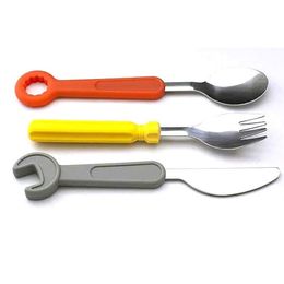 3pcs =1 Set Silicone Dinnerware Set Wrench Screwdriver Style Stainless Steel Dinner Knife Fork Spoon Cutlery Kitchen Tool LX1612