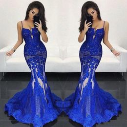 Sexy Royal Blue Prom Dresses Mermaid Spaghetti Illusion Lace Tulle Appliques Sleeveless Sweep Train Party Gowns Evening Dress Wear