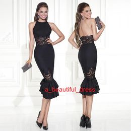 Elegant Tank Style Knee Length Mermaid Cocktail Prom Dresses with Appliques Tarik Ediz Fited Black Jersey with Lace Women Party Dress PD5562