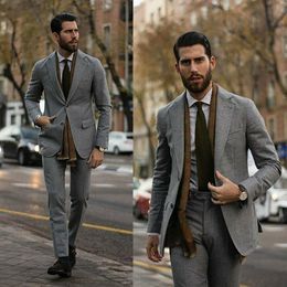 Grey Tweed Mens Wedding Suits Slim Fit Two Button Peaked Lapel Groom Wear Tuxedos Formal Work Prom Business Blazer(Jacket+Pants)