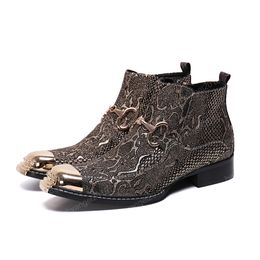 Autumn Winter Pointed Toe Snake Pattern Genuine Leather Male Boots Fashion Business Party Men Zipper Short Boots