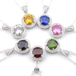 Luckyshine 10 Pcs 1Lot Women Jewelry Round Vintage multi-color Topaz Gemstone 925 Silver Zircon Pendant Necklaces Jewelry 10 mm With Chain