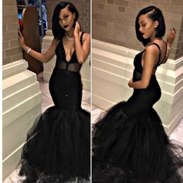 Simple Black Lace Mermaid Prom Dresses Deep V Neck Trumpet Party Dress Formal Evening Party Gowns Backless Puffy Tulle Pageant Custom Made