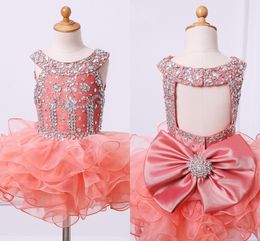Cute Ruffles Light Coral Girls Pageant Gowns 2019 Beaded Rhinestones Big Bow Flower Girl Dress Kids Party Formal Dress For Little Girls