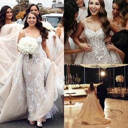 gorgeous mermaid overskirts wedding dresses with detachable train lace appliqued beaded bridal gowns plus size wedding dress robe de marie