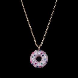 -14K Gold plattiert Hip Hop Bunte Lebensmittel Anhänger Donuts Donut Anhänger Halskette Micro Pave Zirkonia Diamanten mit 24-Zoll-Seil-Kette