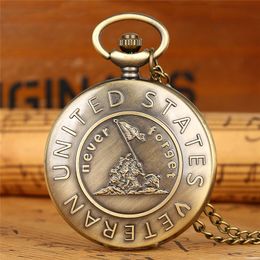 Bronze Remember The History United States Veteran Pocket Watch Men Women Quartz Analogue Watches With Necklace Chain Full Hunter Arabic Number Dial Gift