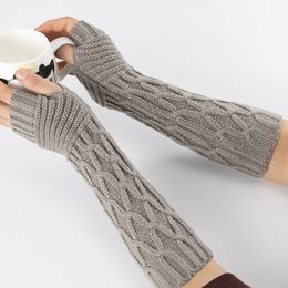 Sparsil Women Fingerless Mittens Stripe Twist Solid Colour Warm Knitted Long Glove Autumn Winter Arm Sleeves Wrist Protector 30cm