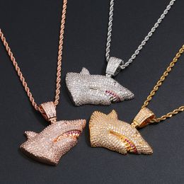 High Quality Mens Necklace Gold Plated Full CZ Shark Necklace with 24inch Rope Chain Nice Gift for Friend