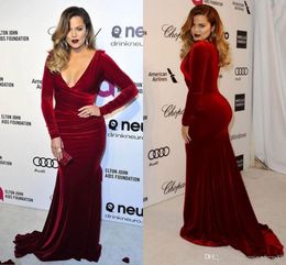 Cheap New Fashion Plus Size Velvet Burgundy Mermaid Evening Dresses V neck Long Sleeves Formal Evening Dress Red Carpet Runway Dresses