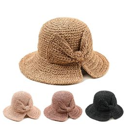 Foldable Packable Weave Bow Knot Lacing Floppy Sun Straw Hat Shade Summer Beach for Women UV Protection Handmade straw hat
