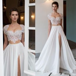 2020 Riki Dalal Two Pieces Beach A Line Wedding Dresses Beaded High Side Split Lace Applique Short Sleeves Chiffon Bridal Gowns239h