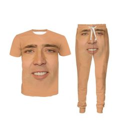 New Fashion Women/Mens The Giant Blown Up Face Of Nicolas Cage Funny 3d Print T-Shirt + Jogger Pants Casusal Tracksuit Sets