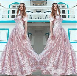 Pink Charming Formal Evening Dresses Off Shoulder White Lace Appliques Short Sleeves Prom Dresses Zipper Back A Line Women Fashion Gowns