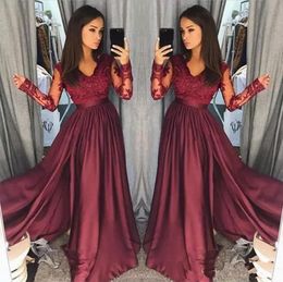 Burgundy Long Sleeves Prom Dresses Lace Applique Satin V Neck Floor Length Illusion Custom Made Plus Size Evening Party Gown 2020 Newest