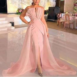 Blush Pink Satin Mermaid Long Prom Dresses Ruffles Ruched Split Long Celebrity Evening Dresses Party Gowns