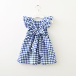 Baby Girls Dress Kids Plaid Backless Ruffle Sleeve Back Bow Cross Cotton Dresses 2019 New Summer Fahsion Children Boutique Clothing 2 Colors