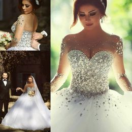 2022 Luxury Crystals Ball Gowns Wedding Dresses Long Sleeve Lace-up Back Plus Size Arabic Wedding Gown Real Photo Designer Vestidos De Novia