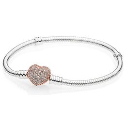 NEW 100% 925 Sterling Silver Rose Gold Heart Bracelet Clear CZ Charm Bead Fit Bracelet DIY Jewellery Gift The Factory Wholesale four