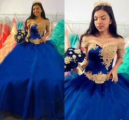 Royal Blue Com Gold Lace Prom Pageant Dresses vestido de baile para Sweet 16 meninas Alças Organza Lace-up Quinceanera Vestidos De Novia