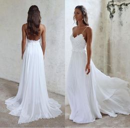Sexy Spaghetti Straps Beach Wedding Dresses Cheap Long Chiffon Bridal Gowns Backless Lace Appliqued A Line Wedding Gowns