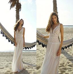 Sukienki rish bohemia głęboka v szyja koronkowa aplikacja plaża boho długość podłogi szyfon długa sukienka ślubna myska szata de Marie