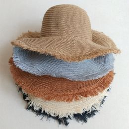 Hand-knitted solid color sun big hat bristle side breathable straw hat ladies summer sunscreen beach hat foldable