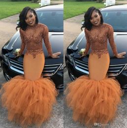 Dust Orange Mermaid Prom Dresses Black Girls Slay High Neck Long Sleeves See Though Top Beaded Tight Formal Evening Gowns Plus Size 2018