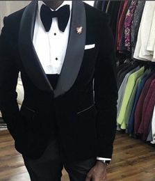 New High Quality One Button Black Velvet Wedding Groom Tuxedos Shawl Lapel Groomsmen Mens Dinner Prom Suits (Jacket+Pants+Vest+Tie) 536