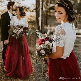 Cheap Elegant Burgundy Tulle Country Wedding Dresses A Line Short Sleeves Lace Bridal Gowns Plus Size Two Pieces Dress Vestidos De Noiva