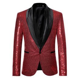 Newest Fashion Men Red Sequins Blazer Shawl Lapel Party Stylish Suit Blazer Business Wedding Party Outdoor Jacket Tops