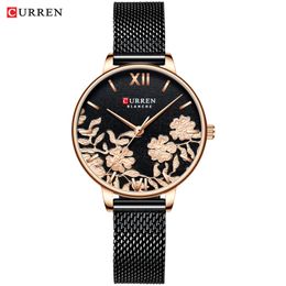 CURREN Women Watches Black Fashion Classy Quartz Stainless Steel and Leather Strap Watch Ladies Relogios Feminino Flower Clock