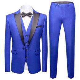 New Style Groomsmen Royal Blue Groom Tuxedos Peak Black Lapel Men Suits Wedding Best Man Bridegroom (Jacket + Pants + Vest + Bow Tie) L221