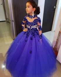 New High Neck Flower Girl Dresses Long Sleeve Royal Blue Beads Girls Pageant Dress Floor Length Kids Birthday Communion Dress 12