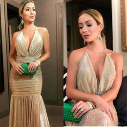 Luxury Gold Sequined Prom Dresses Sexy Halter Neck Pleats Backless Evening Dress Cheap Formal Party Gowns Custom Made