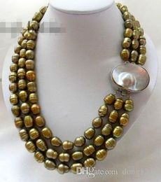 3Strands 20'' 11mmx14mm Green Rice Freshwater Pearl MABE Clasp Necklace