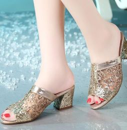 Women Shoes Pure Handmade Sandal Luxury Sequins Fish Head Chunky Heels Slippers lady leisure Sandals